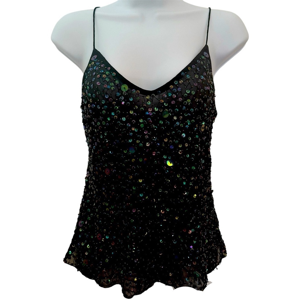 EUC Salabianca sparkly camisole top, S, black w/ sequins, spaghetti straps